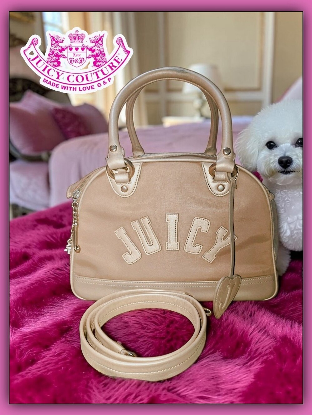 Vintage Juicy Couture Pet Animal Carrier Bag with Crossbody Strap Gold Tan Color